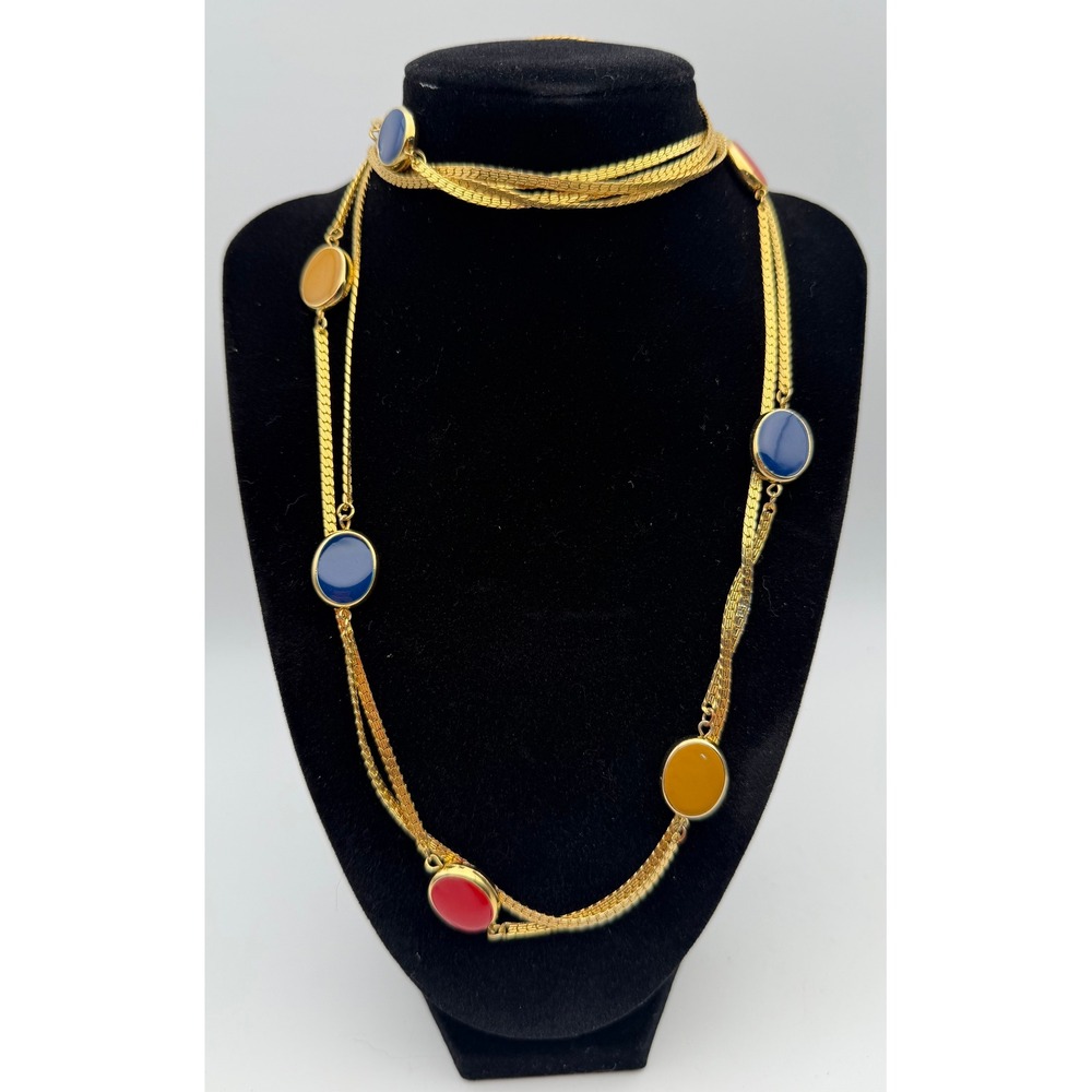 Vintage Gold Tone Multi Strand Enamel Oval Station Necklace Red Blue Yellow